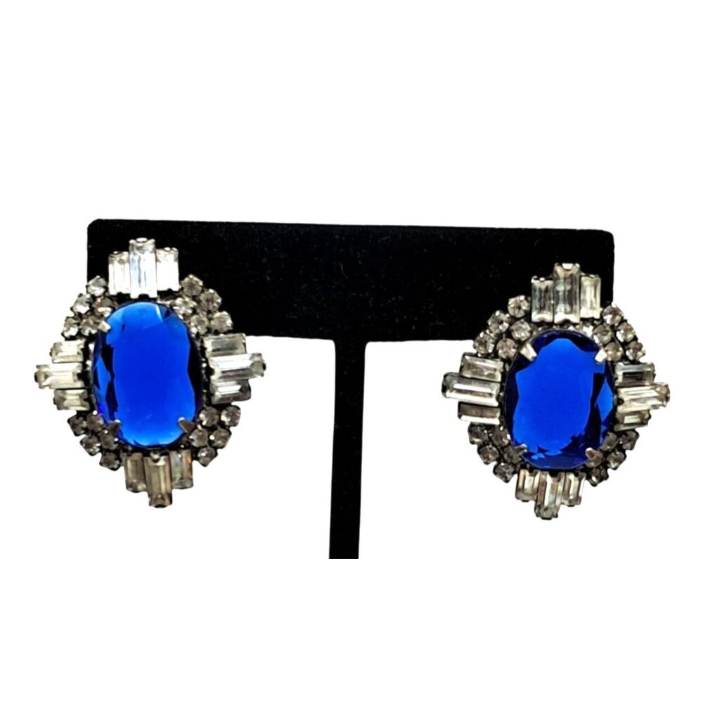 Vintage Rhinestone Earrings Blue Clear PIerced Post Costume Jewelry